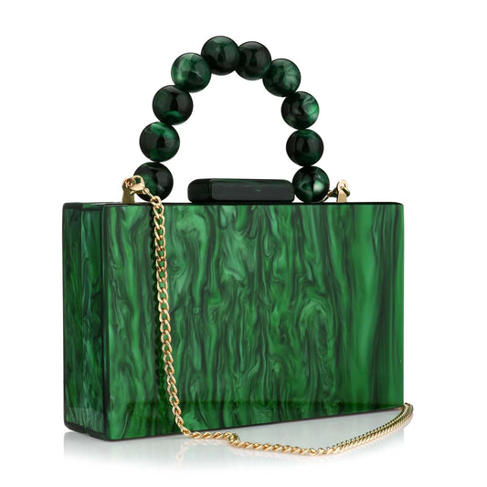 Women’s Pearl Marble Acrylic Evening Bag – Luxury Dark Green Crossbody Purse with Flap Closure for Weddings & Parties