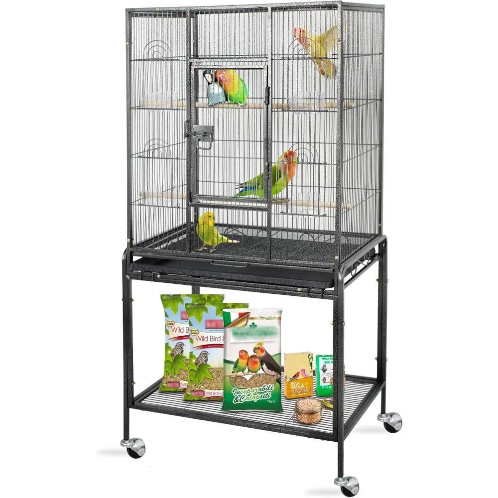 Standing Wrought Iron Birdcage – Large Parrot Flight Cage with Rolling Stand for Cockatiels, African Greys & Medium Birds