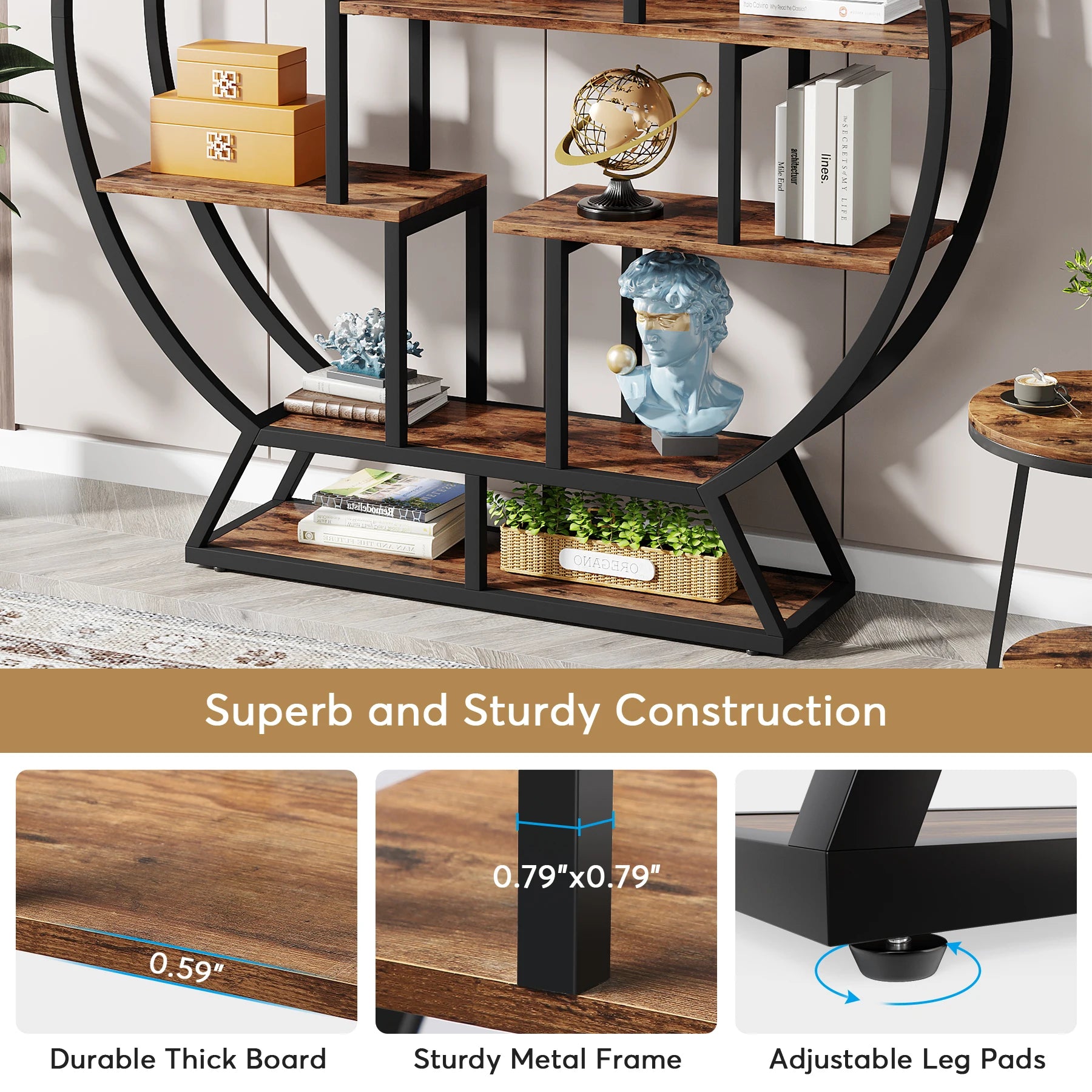 63" Industrial Round Bookshelf – Tribesigns Wood & Metal Bookcase with Staggered Display Shelves
