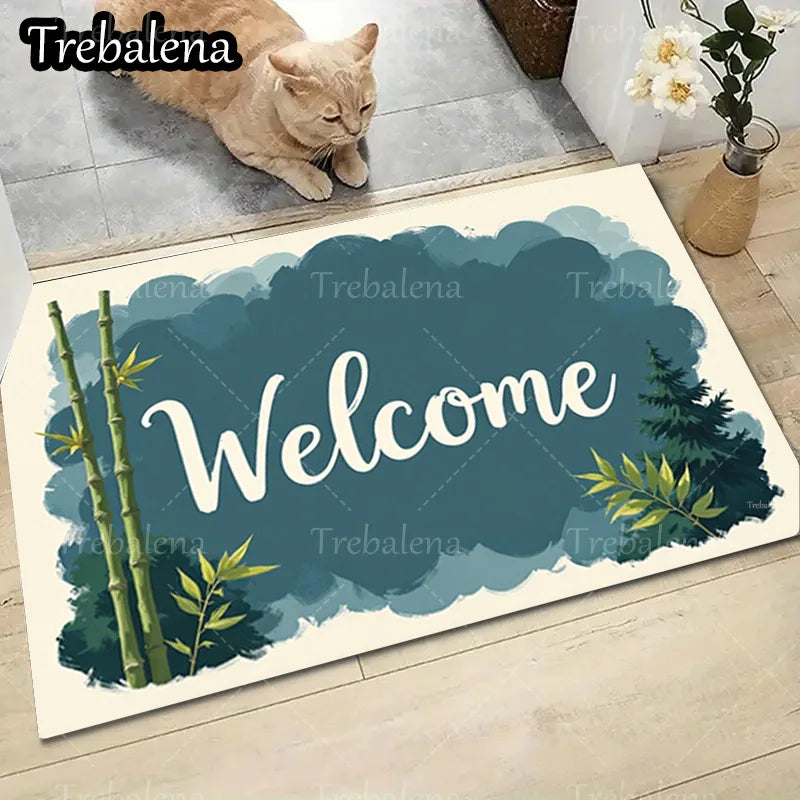 Welcome Door Mat – Bamboo & Pine Design Entry Rug for Home Entrance Décor (Indoor/Outdoor Use)