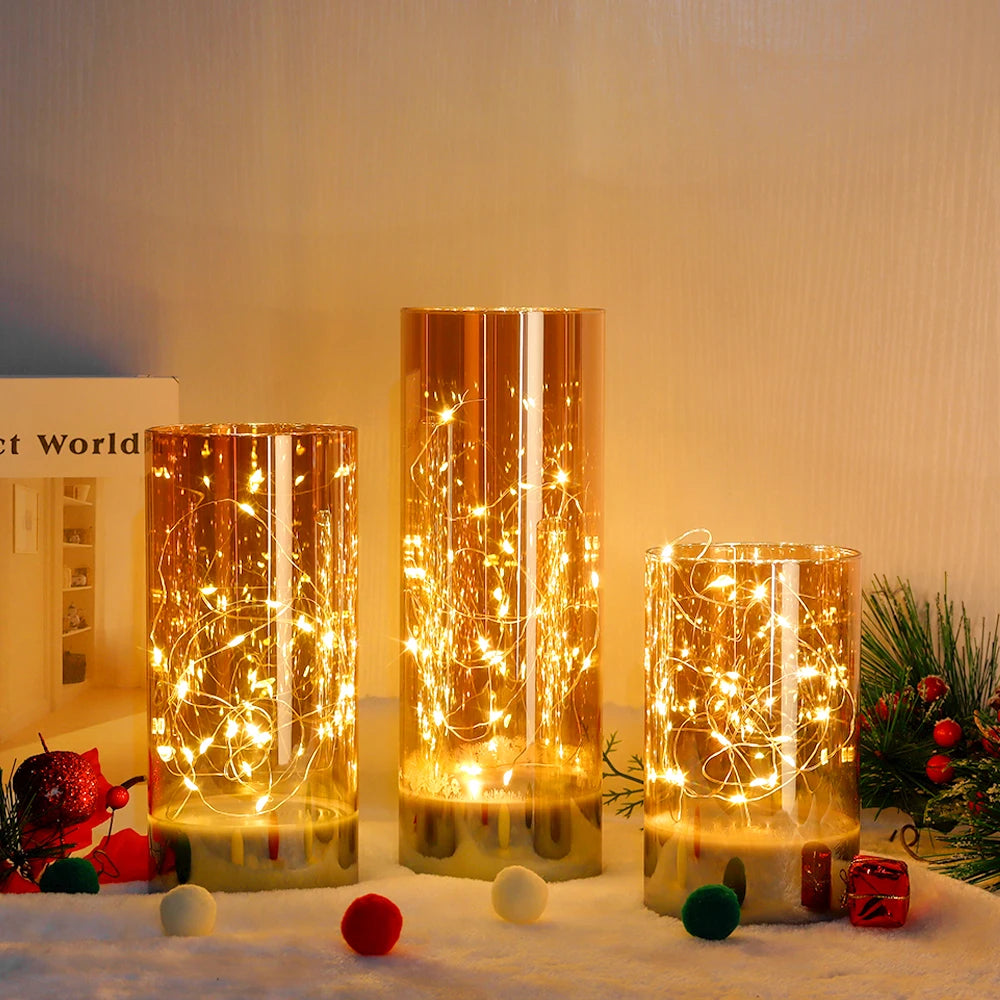 3-Piece Glass Flameless LED Candle Set – Battery-Powered Fairy Light Candles with Remote Control | Elegant Decorative Table Lamps