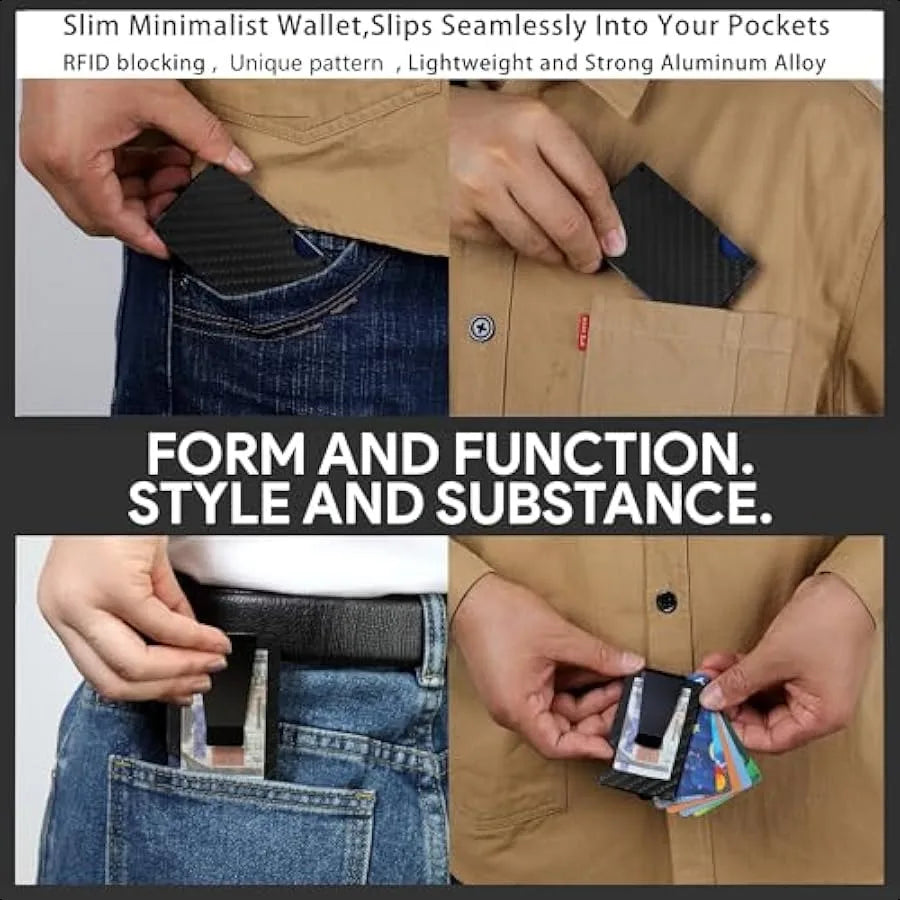 Men’s Minimalist Carbon Fiber Wallet – RFID Blocking Aluminum Card Holder with Money Clip & Cash Strap