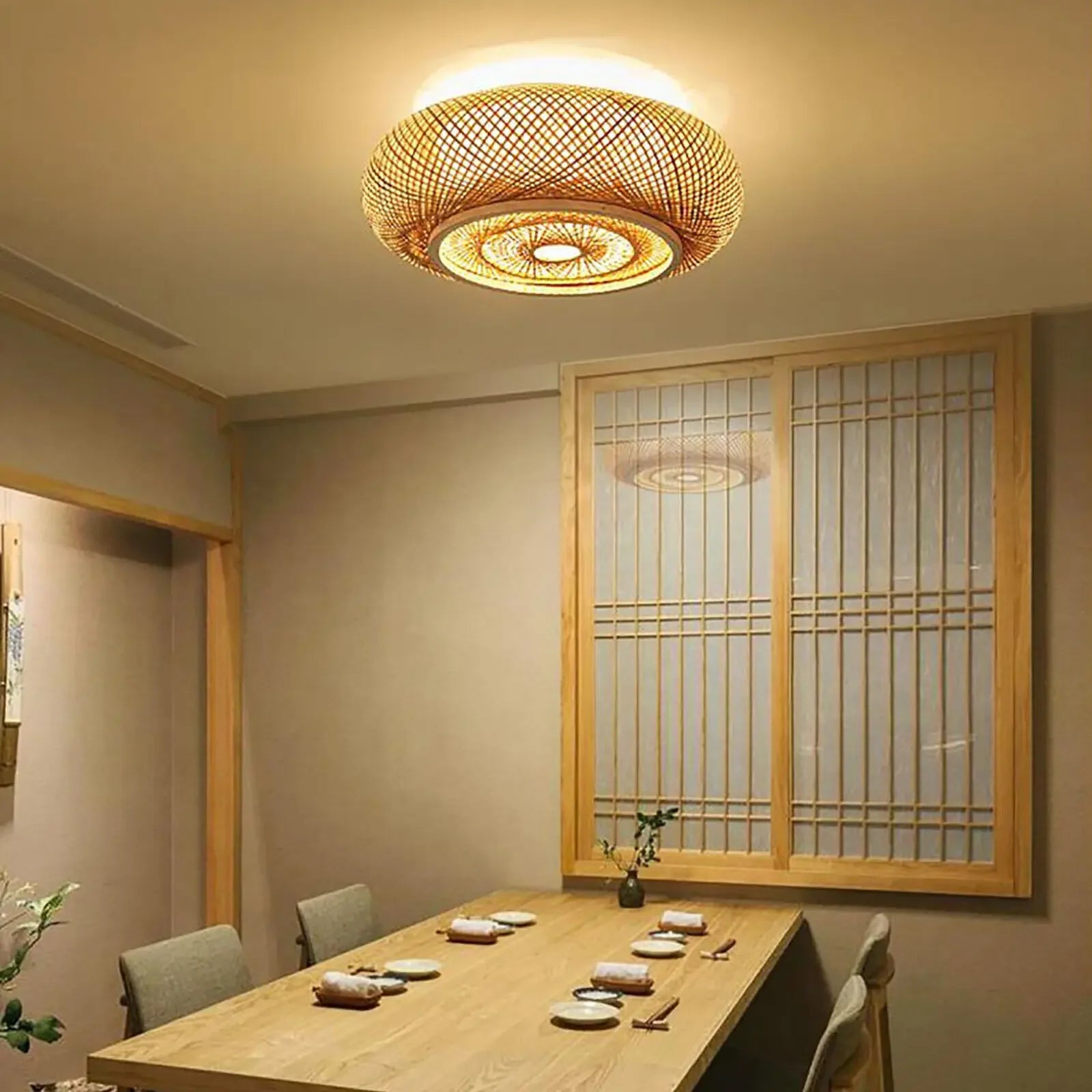 40cm Bamboo Wicker Rattan Ceiling Light – Asian Art Flush Mount Pendant Lamp, Handcrafted Boho Lighting (110V)