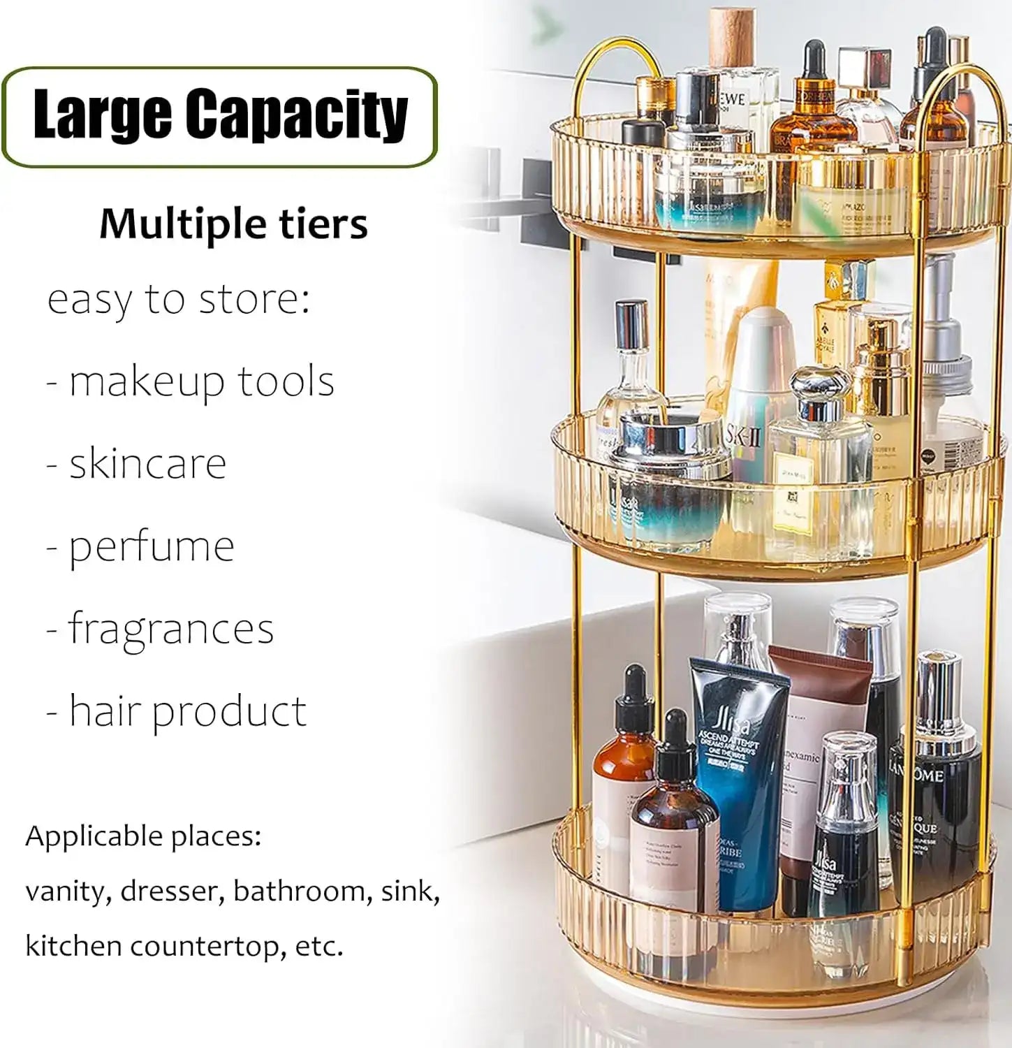 “3-Tier Rotating Makeup Organizer – High-Capacity Clear Skincare & Cosmetic Storage for Vanity and Countertops”