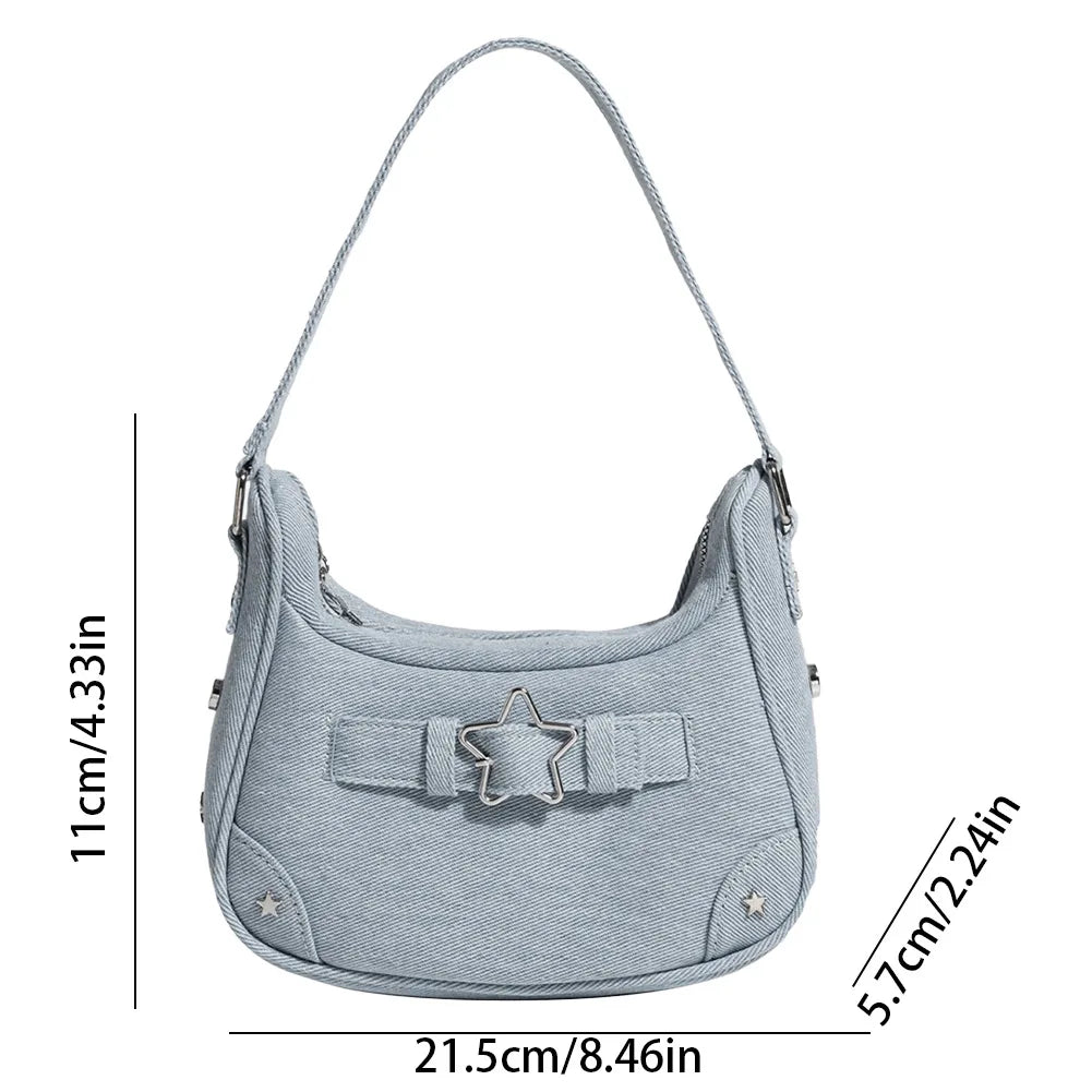 Women’s Vintage Y2K Top-Handle Handbag – Solid Color Purse with Zipper & Star Decor, Cute Tote Gift for Girls