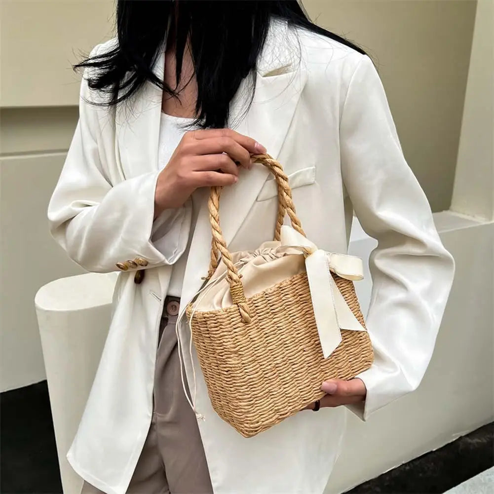 Women’s Handmade Straw Square Basket Tote – Vintage Summer Beach Woven Bag