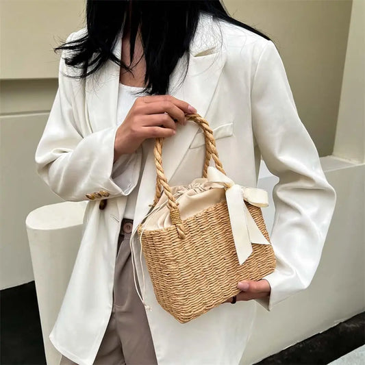 Women’s Handmade Straw Square Basket Tote – Vintage Summer Beach Woven Bag