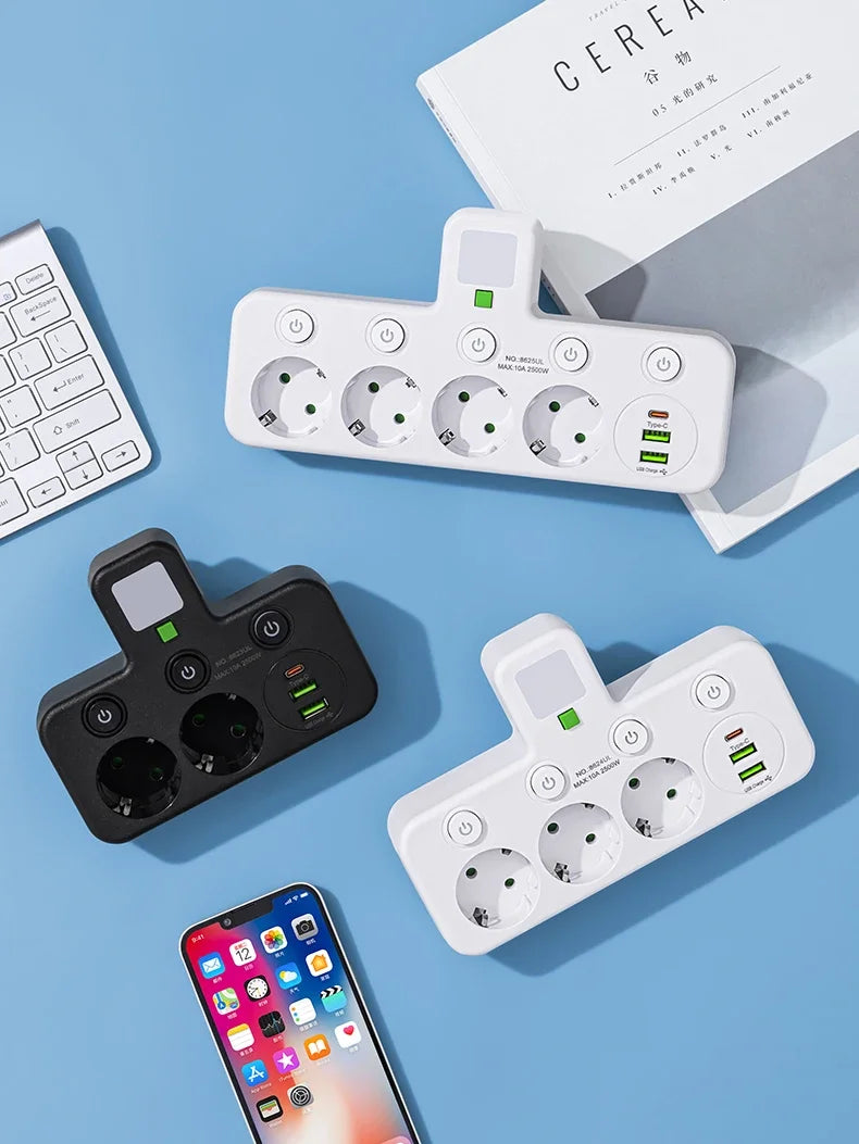 EU Plug 4-Socket Wall Power Multi-Plug – Compact Wall Adapter with USB Ports & Type-C Fast Charging, No Extension Cable Needed