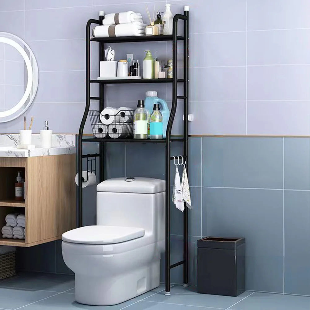 2-3 Tier Over-The-Toilet Freestanding Metal Storage Shelf with Paper Holder & Hooks – Space-Saving Bathroom Tower