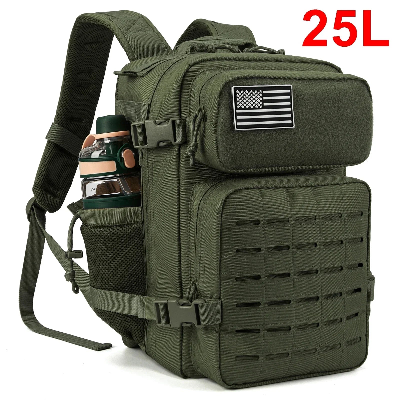 25L Tactical Gym & Survival Backpack – MOLLE Laser-Cut Daypack with Dual Cup Holders for Hiking, Hunting & Bug-Out Use