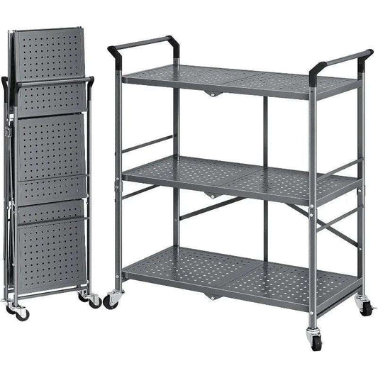 Rolling Utility Cart Folding Cart with Wheels - 3 Tier Collapsible Metal Cart - PulinGO