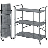 Rolling Utility Cart Folding Cart with Wheels - 3 Tier Collapsible Metal Cart - PulinGO