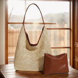 Straw Woven Tote Bag for Women – Magnetic Closure Shoulder Bag with PU Purse, Beach & Travel Clutch Combo