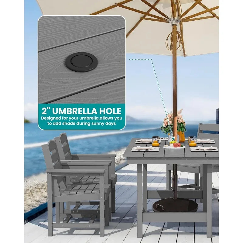“7-Piece Outdoor HDPE Dining Table Set with 6 Chairs – Gray Patio Dining Set with Umbrella Hole Cut-Out”