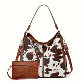 2-Piece Cow-Pattern Tote Bag Set for Women – PU Leather Large Shoulder Bags with Multi-Pockets