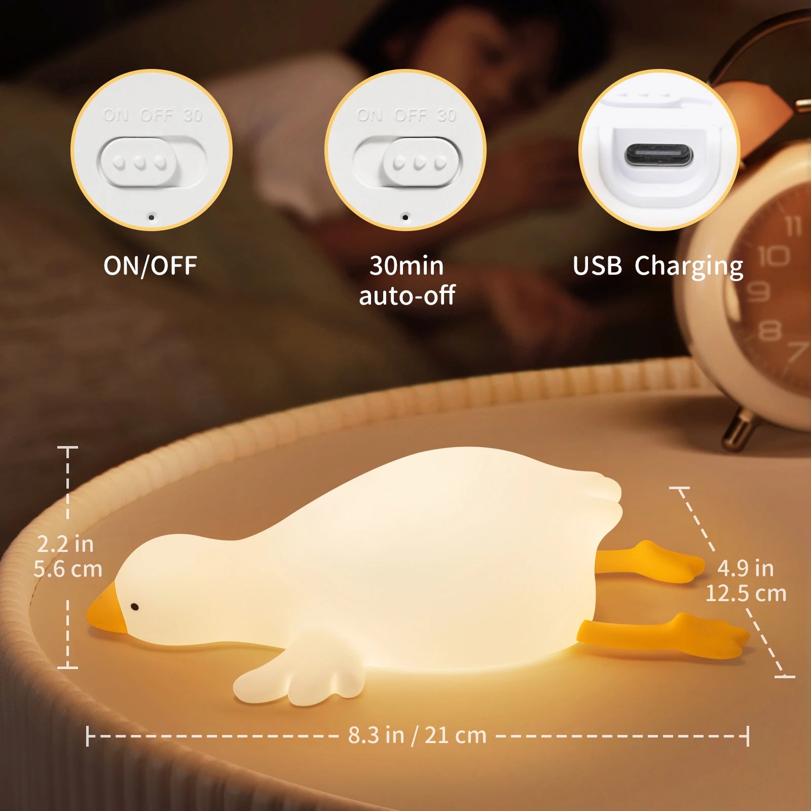 Duck Night Light for Kids – Rechargeable Silicone Tap Control Nursery Lamp, 3 Brightness Levels, Auto-Off LED Squishy Bedside Light