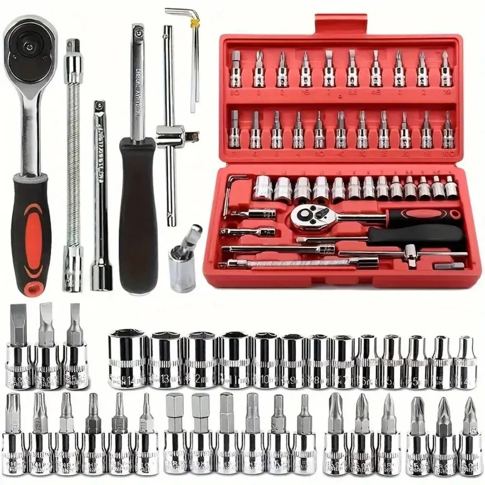 46-Piece Car Repair Tool Kit – Ratchet, Torque Wrench & Socket Set for Auto & Bike Maintenance 🔧