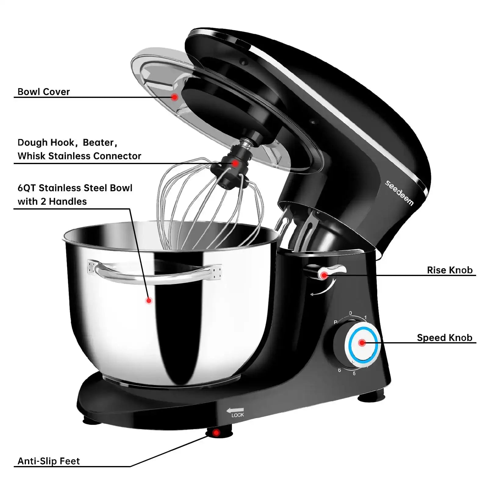 6 QT Electric Stand Mixer – 660 W Tilt-Head Food Mixer with 6-Speed, Dough Hook, Whisk & Dishwasher-Safe Bowl