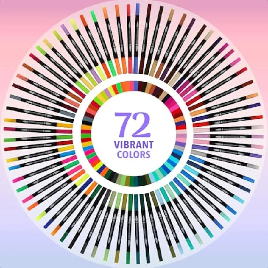 72 Dual Tip Markers Set with Case – No-Bleed Fine & Brush Tip Coloring Pens for Adults, Art, Journaling & Watercolor Effects