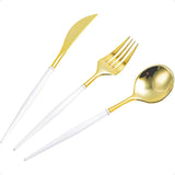 90-Piece Gold Plastic Cutlery Set with White Handle – Heavy-Duty Disposable Flatware for Parties & Events