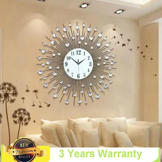 3D Large Metal Sunburst Wall Clock – Luxury Diamond Round Wall Art (60x60cm) | Modern Battery-Operated Home Décor Clock