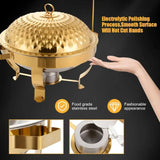 Golden Stainless Steel 8 L / 8.5 QT Round Chafing Dish Buffet Set with Alcohol Burner & Hanging Lid