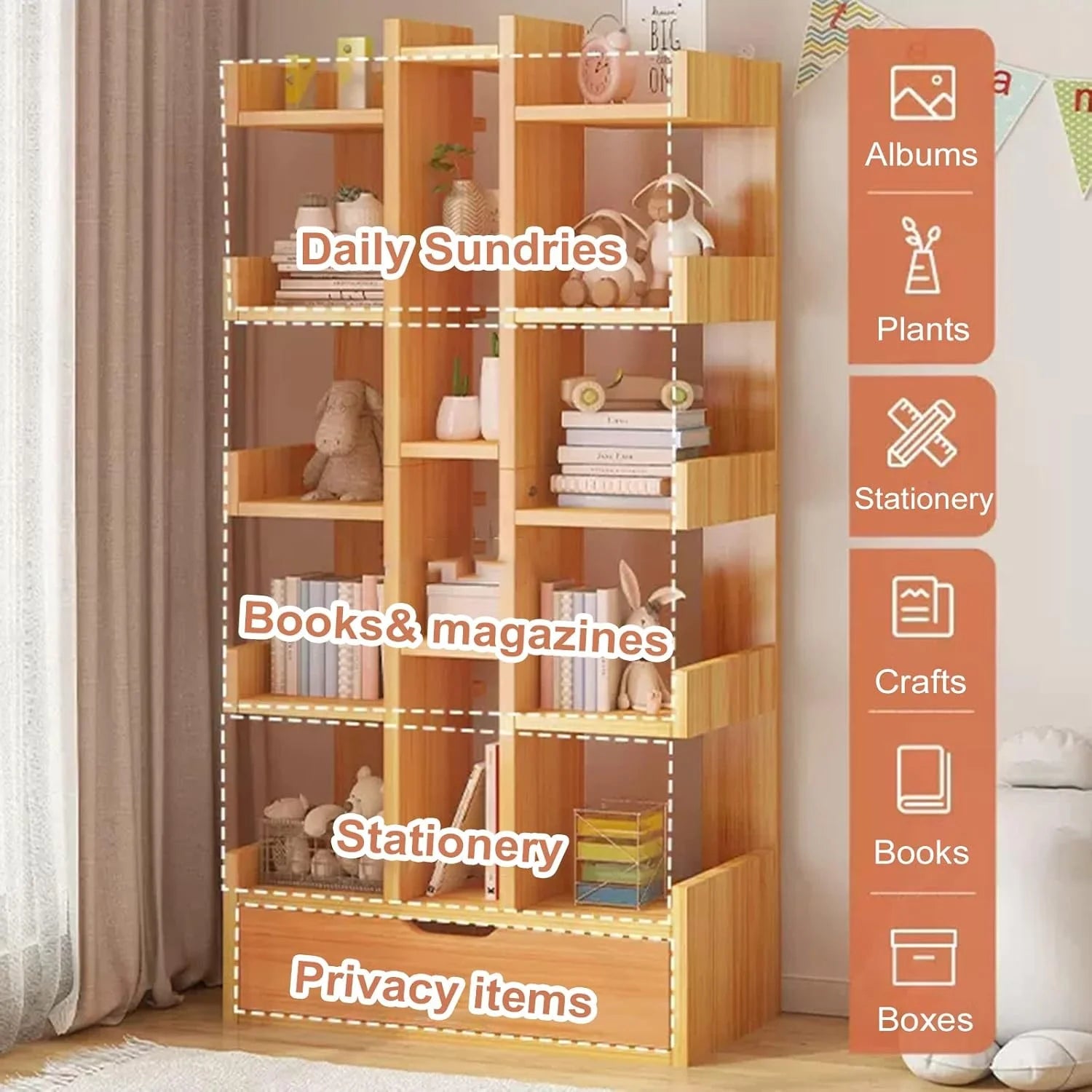Multi-Layer Tall Floor Bookshelf – Narrow Storage Rack with 6+ Compartments & Floor-Standing Cabinets for Living Room