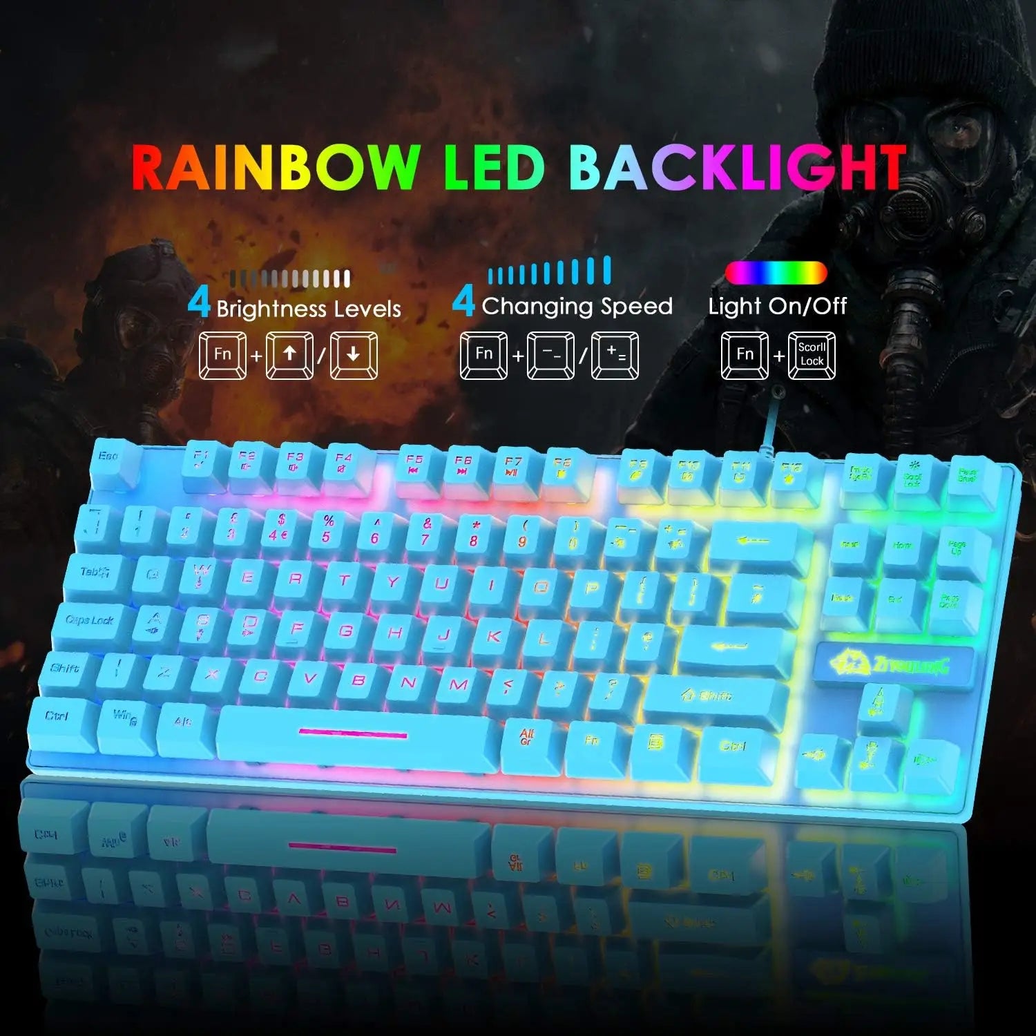 Gaming Keyboard and Mouse Combo – 88-Key Compact Rainbow Backlit Keyboard with RGB 6,400 DPI Honeycomb Lightweight Mouse