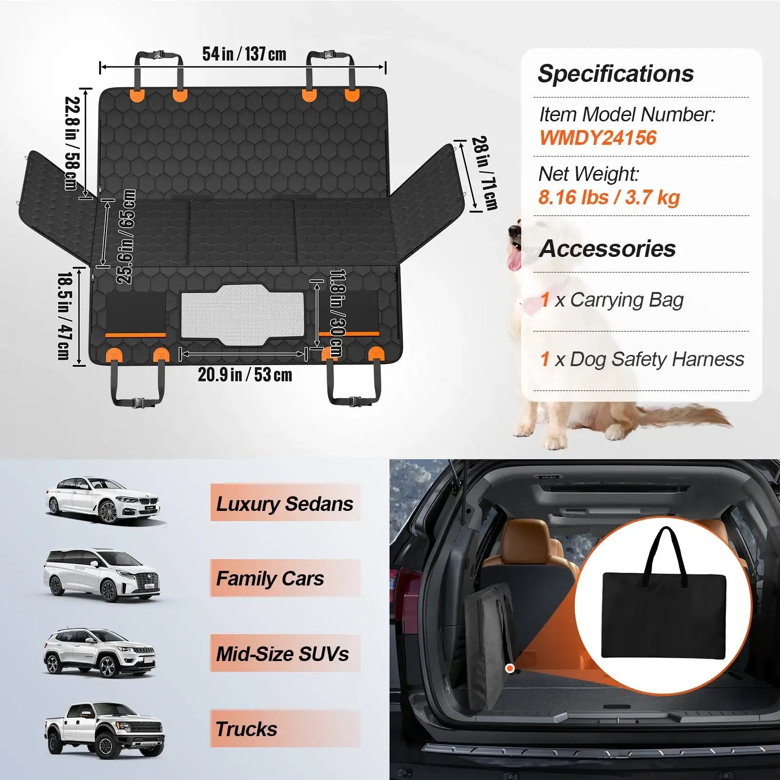 “Vevor Back Seat Extender Dog Car Seat Cover – Hammock Bed with Mesh Window & Storage Pocket, Supports up to 350 lbs”