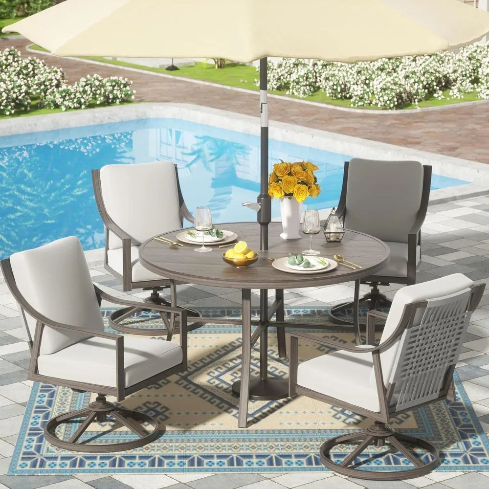 “5-Piece Outdoor Patio Dining Set – 4 Swivel Rocking Chairs & 38'' Round Table with Umbrella Hole”