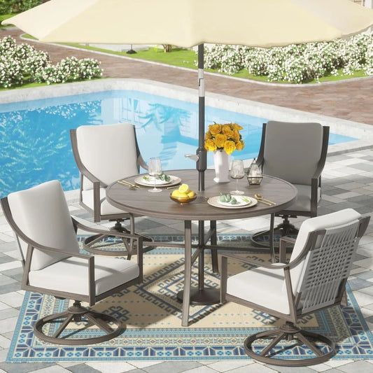 “5-Piece Outdoor Patio Dining Set – 4 Swivel Rocking Chairs & 38'' Round Table with Umbrella Hole”