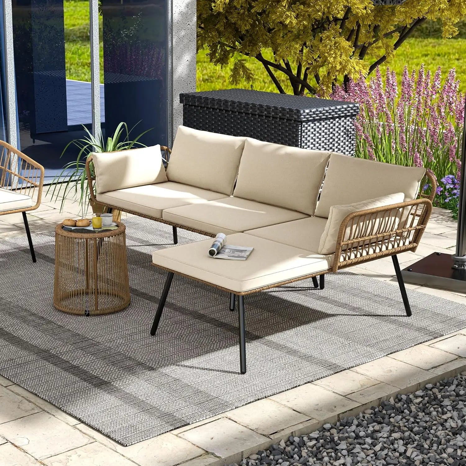 “3-Piece Patio Furniture Set – Wicker L-Shaped Sectional Conversation Sofa with Cushions for Backyard, Porch & Garden”