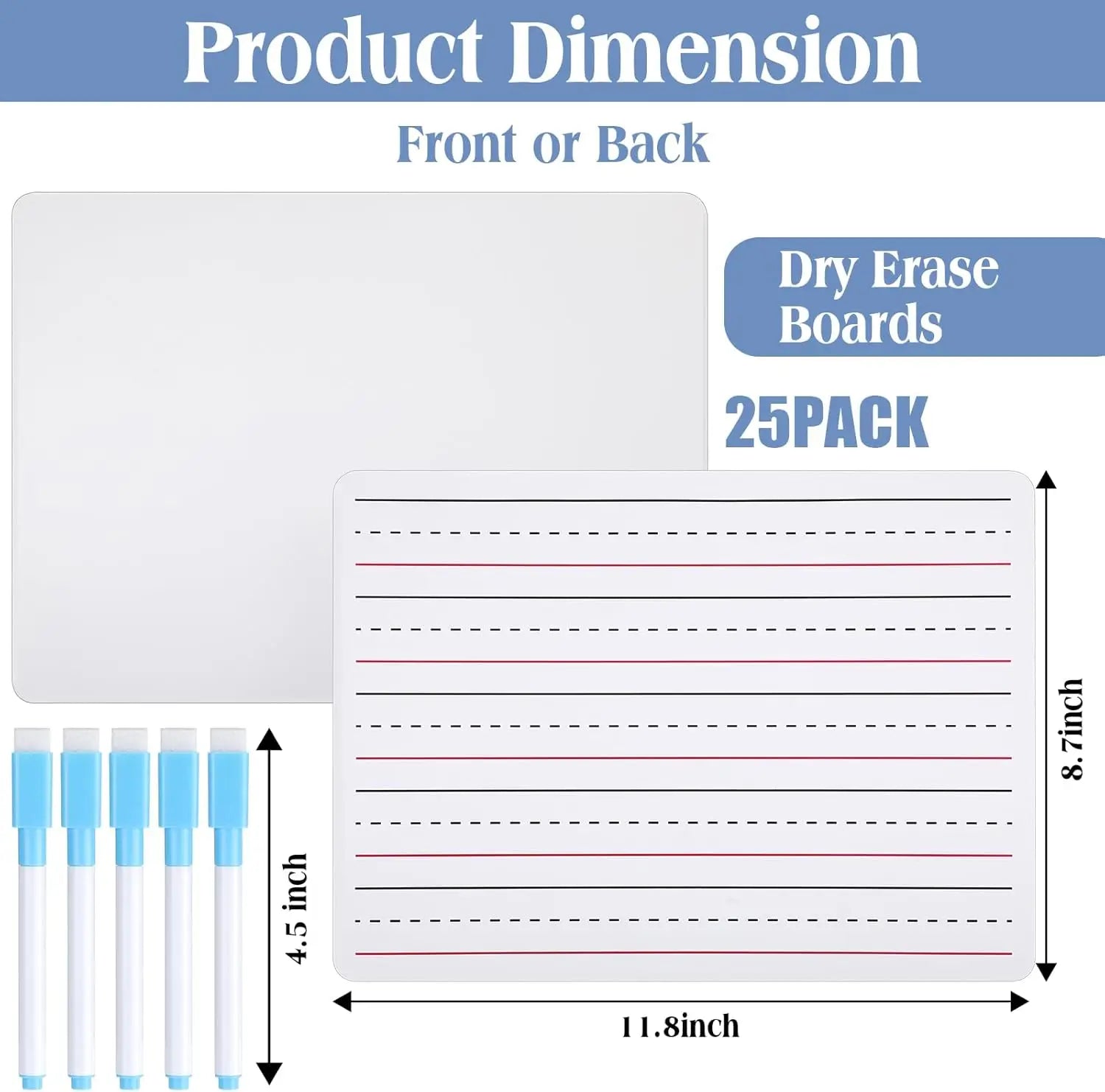Classroom Dry Erase Board Set – 25 Double-Sided Lined Whiteboards with Markers & Erasers (9" x 12")