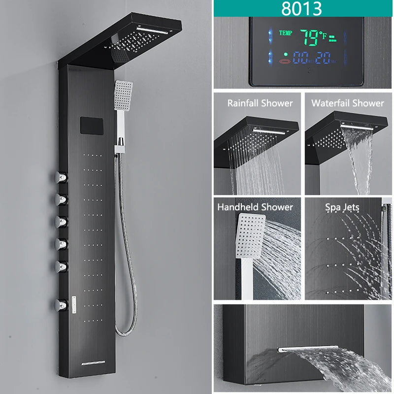 LED Waterfall Shower Panel Tower Set – Body Massage Jets & Rainfall Shower System