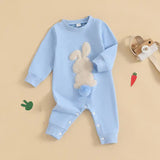 Plush Bunny Embroidery Romper Jumpsuit – Long Sleeve Crew-Neck Spring Infant Outfit for Baby Girls & Boys