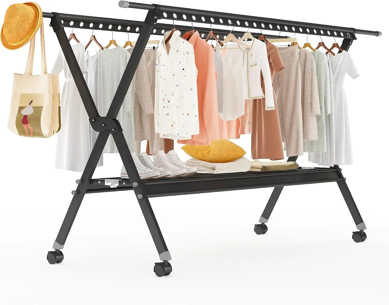 Foldable Clothes Drying Rack with Wheels – Aluminum Alloy Laundry Stand, Indoor & Outdoor Portable Garment Dryer