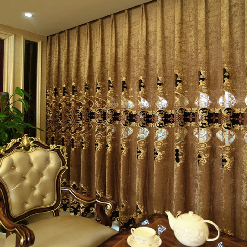 2PCS Luxury European Chenille Embroidered Curtain Set – Coffee Color, Hollow Design, Villa Living Room Elegance