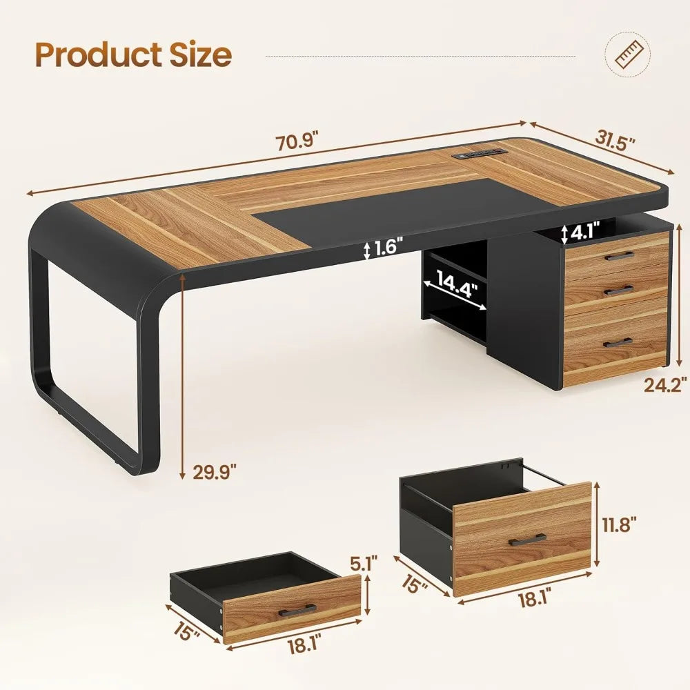 🖥️ 70.9" Executive Office Desk – Computer Desk with Drawers, File Cabinet, Removable Shelves & Power Outlet