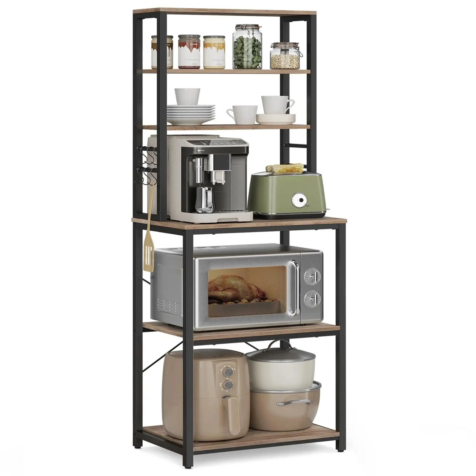 VASAGLE Coffee Bar, 6-Tier Kitchen Shelves with 6 Hooks, Baker’s Rack for Kitchen, Microwave Stand, Industrial - PulinGO