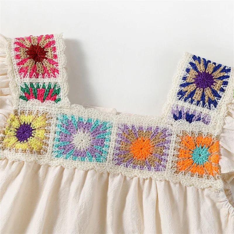 Lioraitiin Baby Girl Summer Romper – Newborn Fly Sleeve Bodysuit with Square Neck & Crochet Flower Design Playsuit