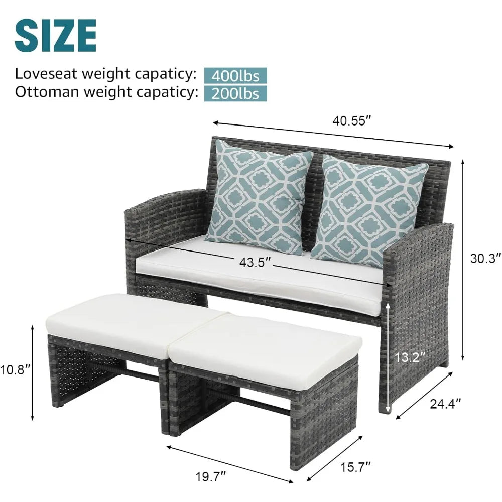 3-Piece Casual Patio Furniture Set – Gray Rattan Loveseat with Ottomans & White Cushions | Outdoor Wicker Conversation Set for Porch & Garden