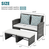 3-Piece Casual Patio Furniture Set – Gray Rattan Loveseat with Ottomans & White Cushions | Outdoor Wicker Conversation Set for Porch & Garden