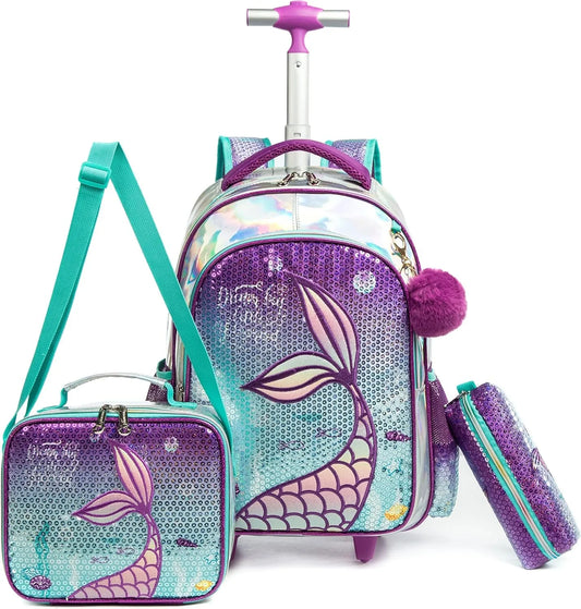 Mermaid Rolling Backpack for Girls – Wheeled School Backpack with Lunch Box for Elementary Students