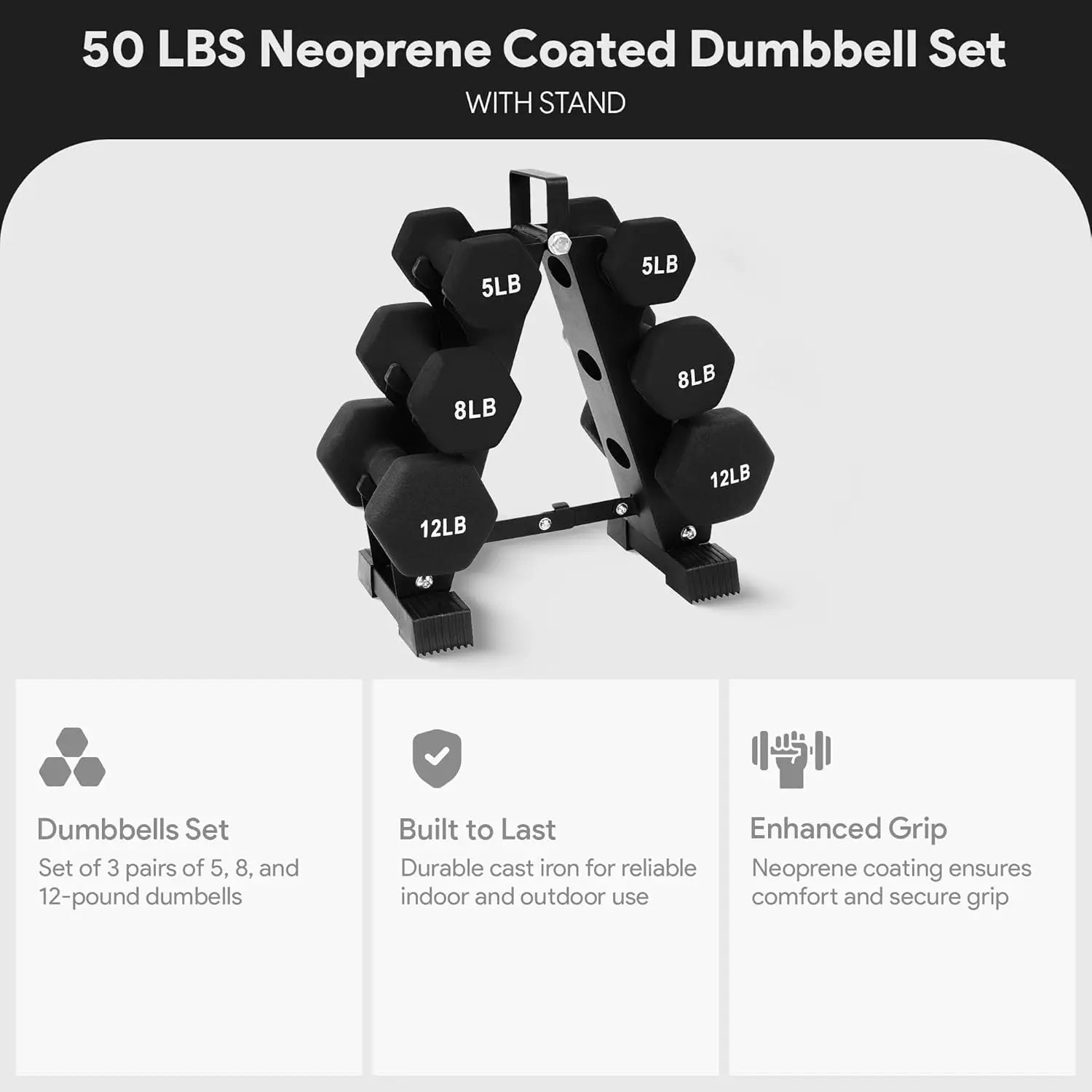 50LB Neoprene Dumbbell Set with Stand – 3 Pairs of Anti-Slip Hand Weights for Home Gym (Black)