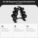 50LB Neoprene Dumbbell Set with Stand – 3 Pairs of Anti-Slip Hand Weights for Home Gym (Black)