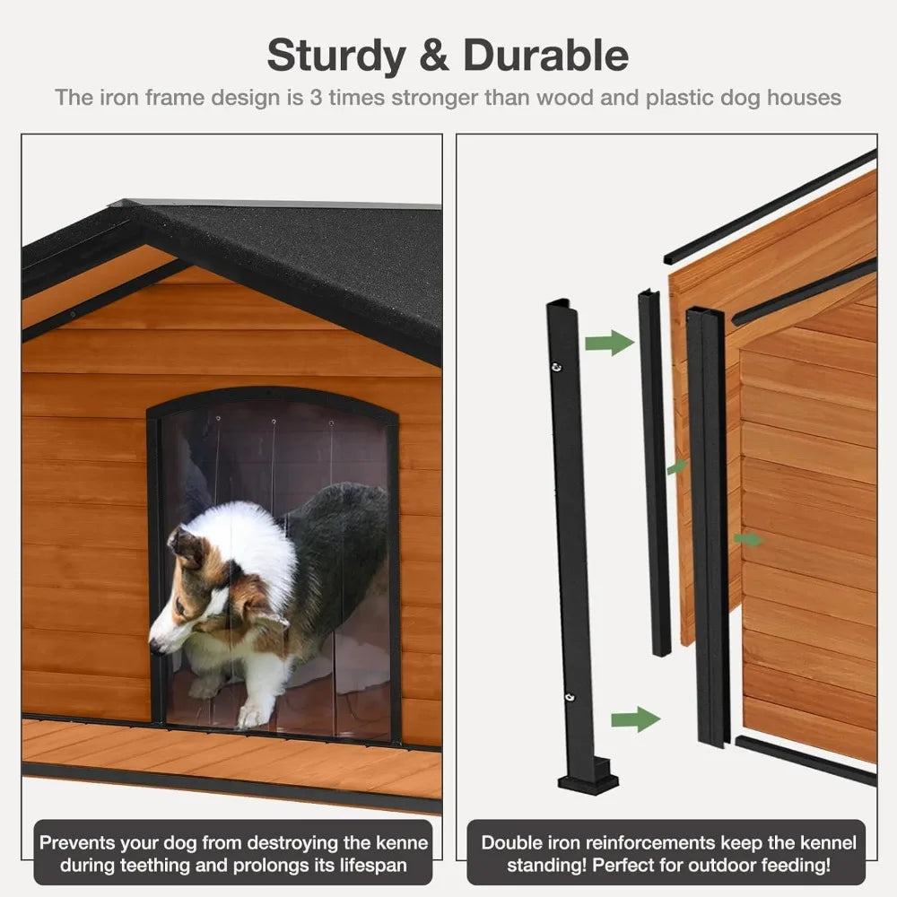 Insulated Outdoor Dog House – Large Weatherproof Fir Wood Shelter with Iron Frame for All Breeds