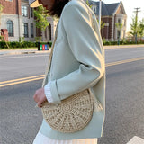 Half-Moon Woven Straw Crossbody Bag – Summer Beach Rattan Tote for Women