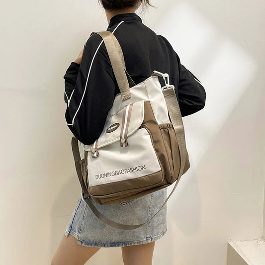 Color-Block Large Capacity Shoulder Bag – Casual School Tote for Women & Teens