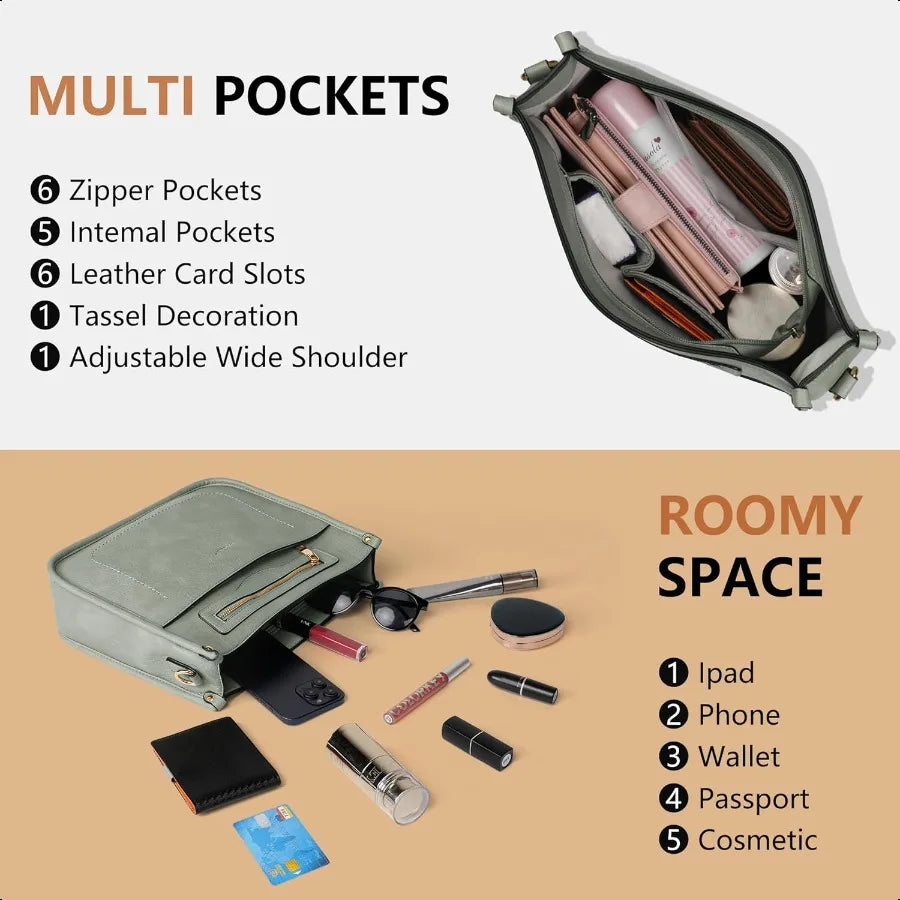 Women’s Hobo Crossbody Bag – 7-Pocket Shoulder Purse with Adjustable Guitar Strap | Modern Chic Handbag for Everyday Elegance