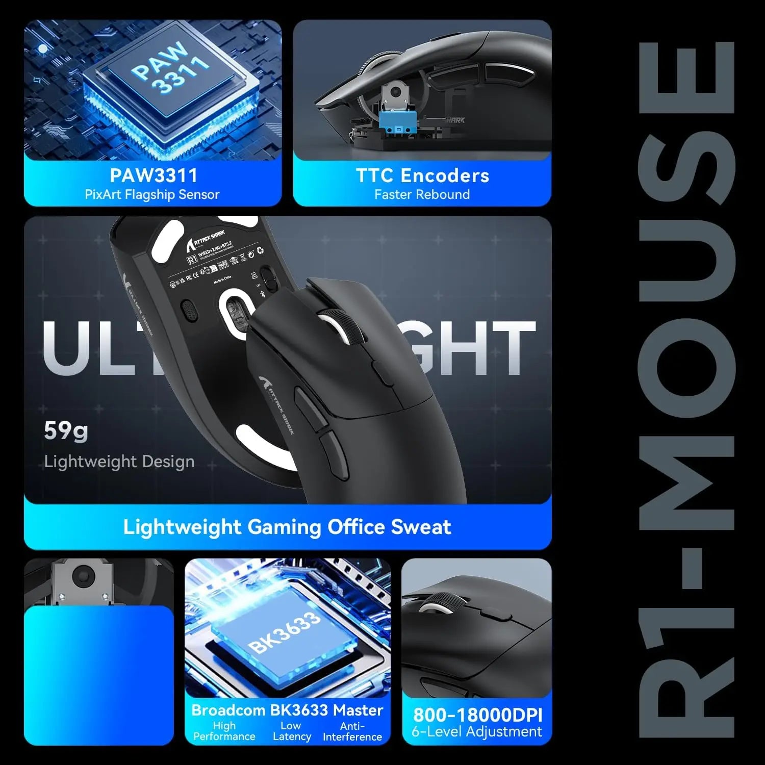 MambaSnake X Attack Shark R1 Wireless/Wired Gaming Mouse – 59g Superlight with PAW3311 Sensor, BT & 2.4G Tri-Mode Connectivity
